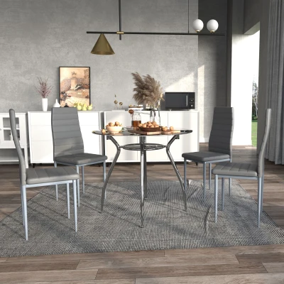 HOMCOM Conjunto Mesa y 4 Sillas de Comedor 5 Piezas Mesa Redonda de Vidrio Templado y 4 Sillas con Patas de Acero Gris