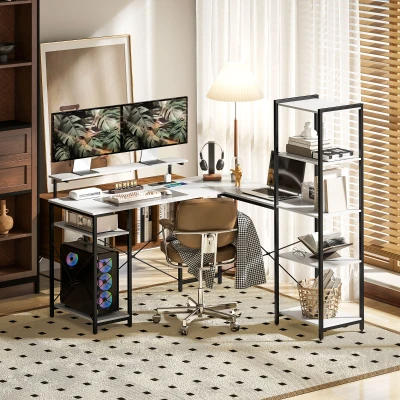 HOMCOM Scrivania Angolare Prese USB Supporto Monitor Bianco Nero