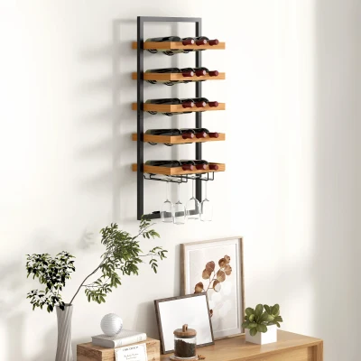 HOMCOM Wand-Weinregal, 5 Ebenen, Flaschenhalter, Gläserhalter, Kiefernholz, Stahl, Hausbar, Küche, Wohnzimmer, Braun