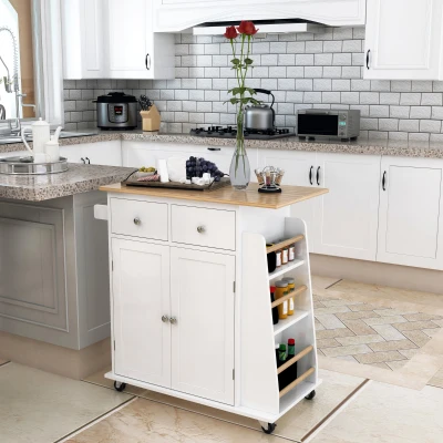 HOMCOM Desserte Cuisine MDF Blanc Hévéa Range-Bouteilles 2 Tiroirs