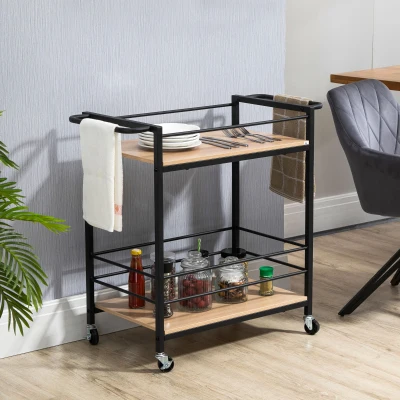 HOMCOM Küchenwagen Servierwagen mit 2 Ablagen, Reling, Stahl, Schwarz+Holz 82 x 40 x 75cm