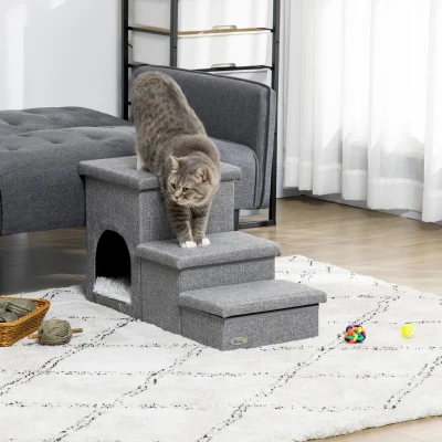PawHut Haustiertreppe mit Haustierbett, inkl. versteckter Stauraum, 73,5 cm x 33 cm x 40,5 cm, Hellgrau