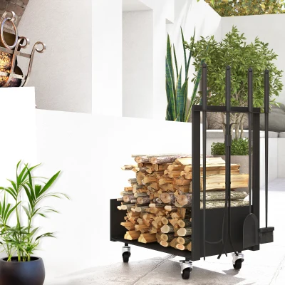 Outsunny Leñero Metálico con Ruedas Soporte para Leña con Pala Escoba Atizador y Tenazas Carga 60 kg 48x30x76 cm Negro