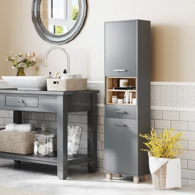 HOMCOM Colonna Bagno Moderna con Cassetto e Armadietti Grigio