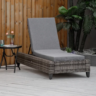 Outsunny Polyrattan Gartenliege mit Kissen Sonnenliege 5-stufig verstellbar Rattanliege Gartenmöbel Liege Stahl Grau 72 x 198 x 30 cm