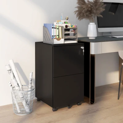 Vinsetto Rollcontainer Aktenschrank, 2 Schubladen, ab­schließ­bar, rollbar, 37 cm x 43,5 cm x 67,5 cm, Schwarz