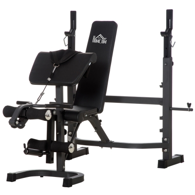 HOMCOM Banco de Musculación Multifuncional Banco de Pesas con Respaldo Inclinable y Soporte de Barras Altura Ajustable para Entrenamiento Cuerpo Completo Ginmasio Carga 300 kg 187x140x117-136 cm Negro