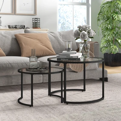 HOMCOM 2er-Set Beistelltische Couchtische Industrie-Design, Glastische, stapelbar, Schwarz + Transparent