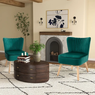 HOMCOM Velvet Tub Chair Set of 2 Green Wood Legs