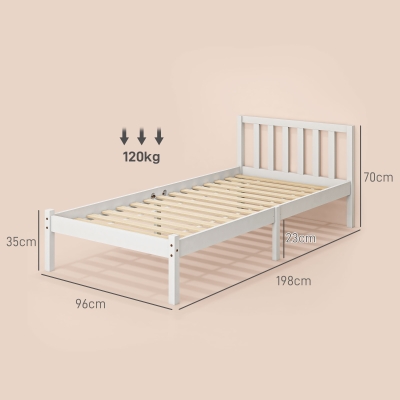 HOMCOM Cama de Madera Somier con Cabecera para Colchón de 90x190 cm (no incluido) Carga 120 kg 198x96x70 cm Blanco(m-3)