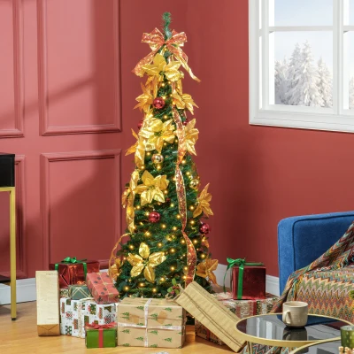 HOMCOM Árbol de Navidad Plegable con Luces LED en Blanco Cálido y Adornos Pre-instalados para Interior Ø50x150 cm Verde