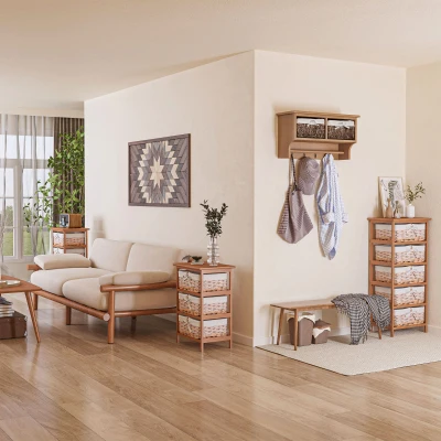 HOMCOM 5 Drawer Wicker Storage Unit Wooden Cabinet Natural