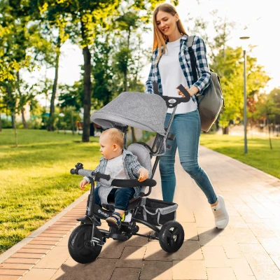HOMCOM 6-in-1 Kinderdreirad mit Schiebestange, Dach, Gurt, Ablagekorb, für 1-5 Jahre, Grau