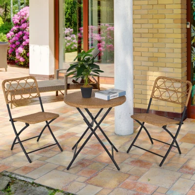 Outsunny Polyrattan Sitzgruppe für 2 Personen Bistroset Balkonmöbel Set Klappbar Natur