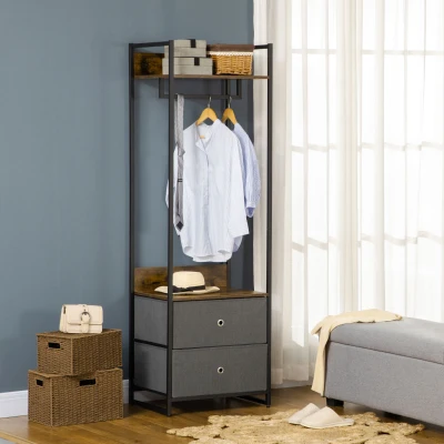 HOMCOM Metal Clothes Rail Garment Rack with Drawers Rustic Brown