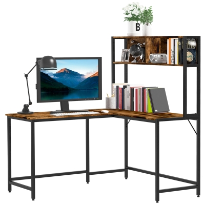 HOMCOM L Shaped Desk with Hutch Steel Frame 140x125cm Brown