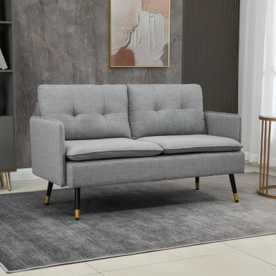 HOMCOM 2er-Sofa im Retrodesign, mit Knopfheftung, Sofa, Leinenoptik, Hellgrau + Schwarz + Gold