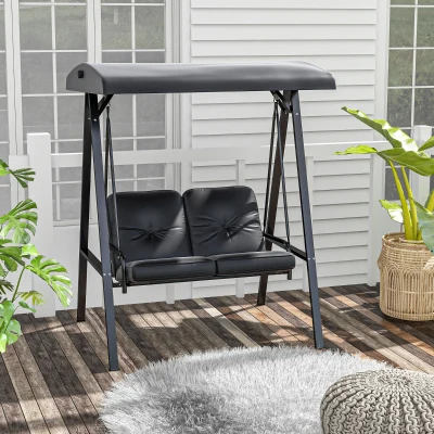 Outsunny Hollywoodschaukel, 2-Sitzer Gartenschaukel mit verstellbarem Dach, bis 220 kg belastbar, 145 x 116 x 172 cm, Schwarz