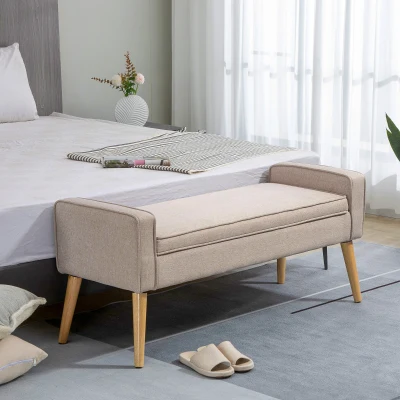 HOMCOM Baúl de Almacenaje Tapizado en Lino con Tapa Abatible y Patas de Madera para Dormitorio Salón 20x45x54 cm Beige