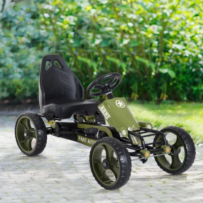 HOMCOM Go Kart Tretauto Tretfahrzeug mit Handbremse Kinderfahrzeug Kettcar Tretfahrzeug mit Verstellbarem Sitz ab 3 Jahren Grün 105 x 54 x 61cm