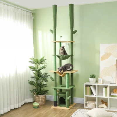 PawHut Kaktus-Kratzbaum, 4 Etagen, deckenhoch 225-255 cm, 2 Hängematten, Höhle, Grün