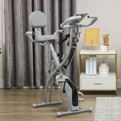 HOMCOM Heimtrainer X-Bike 2-in-1 Fahrradtrainer mit LCD-Display,Pulsmesser, klappbarer Hometrainer Trimmrad mit 8 stufig Magnetwiderstand, 1 Paar Spannseil, Stahl Grau 105x48x118 cm