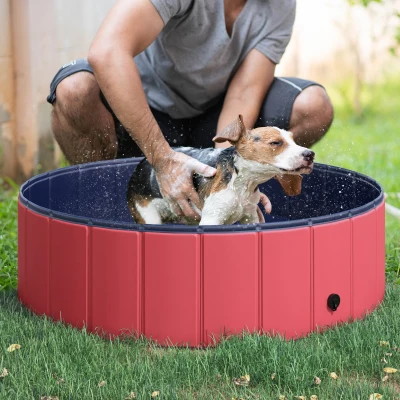 PawHut Hundebadewanne faltbar Badewanne Hundepool Plantschbecken Swimmingpool Wasserbecken für Hunde und Katzen Schwimmbecken Kunststoff+Holz Rot Ø100 x H30 cm