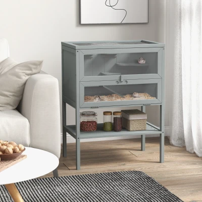 PawHut Wooden Hamster Cage 3-Tier with Storage Grey