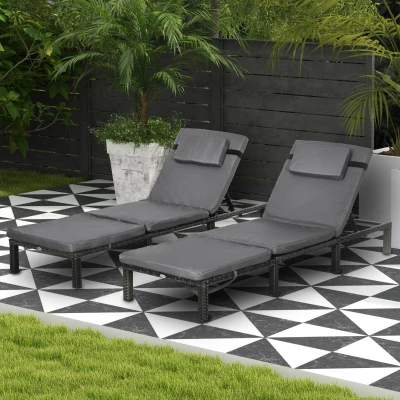 Outsunny Rattan Sun Loungers Set of Two with Cushions Grey