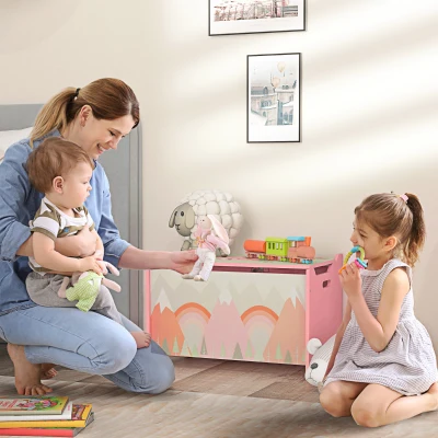 ZONEKIZ Baule Cassapanca Portagiochi per Bambini in MDF Rosa