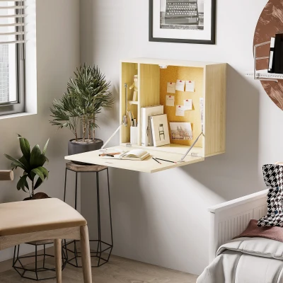 HOMCOM Escritorio Flotante Multifuncional Mesa Plegable de Pared Moderna con Estante de Almacenamiento 60x20x50 cm Roble