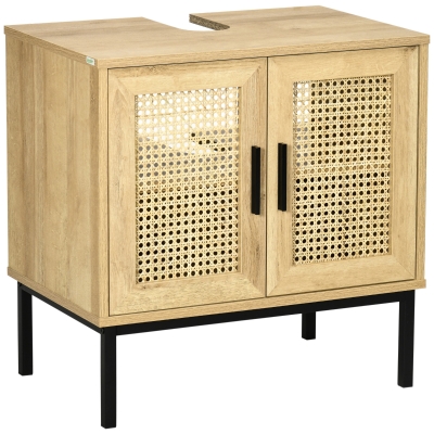 kleankin Badezimmerunterschrank, im Boho-Design, Badezimmerschrank, Rattan-Elemente, mit U-Ausschnitt, Natur