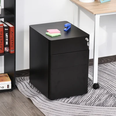 Vinsetto Rollcontainer, mobiler Aktenschrank mit 3 Schubladen, abschließbarer Büroschrank mit Hängeregistratur, Aufbewahrung, Stahl, 39 x 48 x 59 cm Schwarz