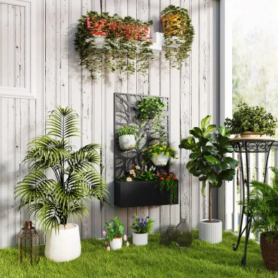 Outsunny Jardinera Elevada con Panel de Privacidad de Hojas Decorativas de Metal y Opción de Montaje en Pared 61x23x113 cm Negro