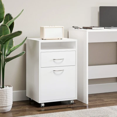 HOMCOM Rollcontainer, Aktenschrank, Bürocontainer mit Schublade, Büroschrank, Aufbewahrung Container, Spanplatte, Weiß, 40 x 35 x 60 cm