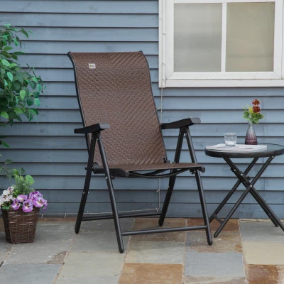 Outsunny Polyrattan Gartenstuhl Klappstuhl mit 7-Fach Verstellbarer Rückenlehne wetterfester klappbar Balkonstuhl Campingstuhl 120kg Belast Gartenstühle für Garten, Balkon 58x71x111cm Braun+Schwarz