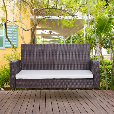 Outsunny Hängebank 2-Sitzer Rattan Gartenschaukel mit Sitzkissen Hängeschaukel Hollywoodschaukel Schaukelbank Gartenbank Braun 127 x 65 x 60 cm