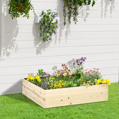 Outsunny Hochbeet aus Holz Gartenbeet mit Vliesstoff Pflanzkübel Pflanzkasten Kräuterbeet für Balkon Garten Natur 117 x 117 x 30 cm