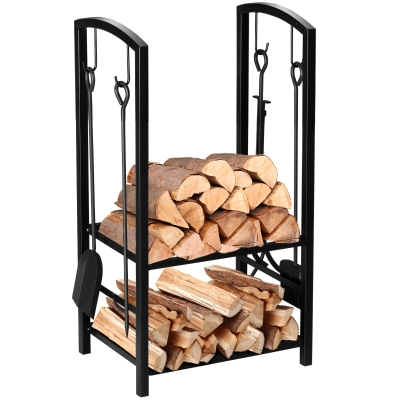 Outsunny Estante de Leña para chimenea 40x30x74,5 cm Soporte para Leña de 2 Niveles Leñero Exterior e Interior Metálico con 4 Herramientas para Chimenea Carga Máx.100 kg Negro