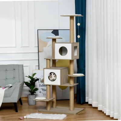 PawHut Árbol Rascador Árbol para Escalar para Gatos Altura 177cm con Plataformas Cuevas Juguete Colgante Cojín Extraíble Postes de Yute Blanco y Marrón