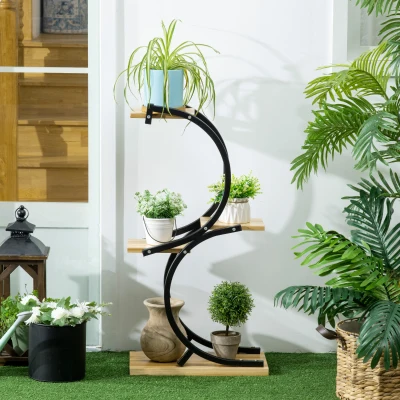 Outsunny Pflanzenständer mit 4 Regalen, Massivholz, wetterbeständig, 46 cm x 25 cm x 91 cm, Schwarz + Natur