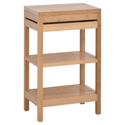 HOMCOM Badregal, Badzimmerregal mit Klappdeckel, Badezimmer Standregal mit 2 Ablagen, Bambus, Natur, 46 x 29,5 x 76,5 cm