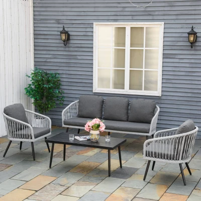 Outsunny Polyrattan Gartenmöbel Set für 5 Personen Sitzgruppe mit Kissen Alu Grau