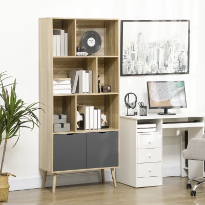 HOMCOM Modern Bookcase with Cabinet 6 Open Shelves Grey