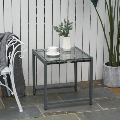 Outsunny Gartentisch Garten Beistelltisch Tisch Gartenmöbel mit Hartglas Polyrattan + Aluminium Grau 50 x 49,5 x 50 cm