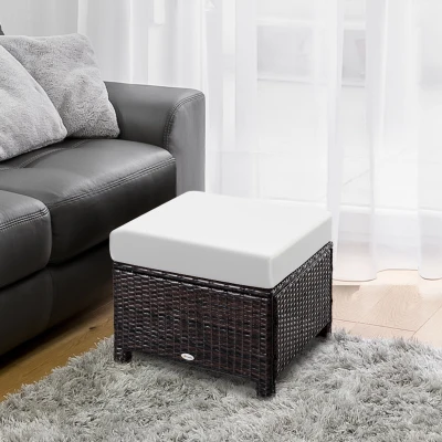 Outsunny Rattan Footstool Ottoman Padded Cushion 50x50cm Brown