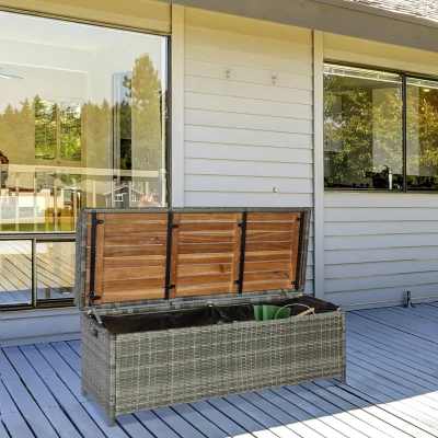 Outsunny Wicker Storage Bench Box Outdoor Garden PE Rattan Mixed Grey