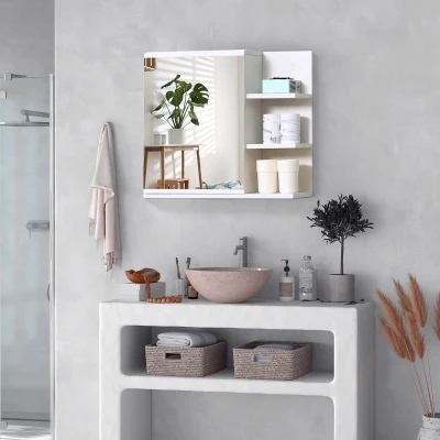 kleankin Armario con Espejo para Baño con 3 Estantes Abiertos y 1 Estante Interior Estilo Moderno 60x18x50 cm Blanco
