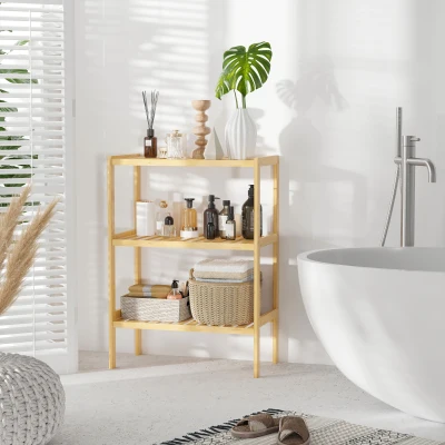 HOMCOM Estantería de Bambú de 3 Niveles Estantería de Pie Moderno Estante de Almacenamiento para Baño Cocina Salón Dormitorio Antivuelco 62x33x80 cm Natural