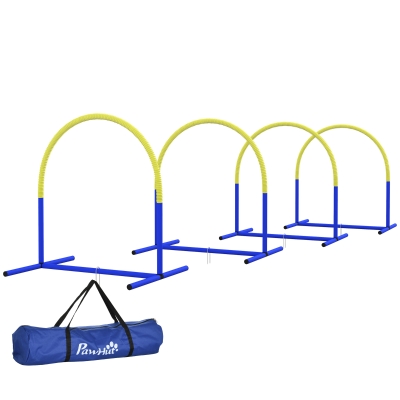PawHut Agility-Set für Hunde, Hundetraining, 4 Bögen, für Einsteiger, mit Tragetasche, blau+gelb, 88 x 64 x 95cm